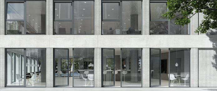 Große minimalistische Fenster aus Aluminium in dunkelgrau mit Zugang zu einer Bar